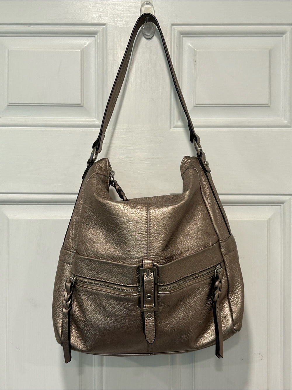 B. Makowsky Metallic Bronze Leather Hobo Bag Slouchy Shoulder Purse Y2K Hippie